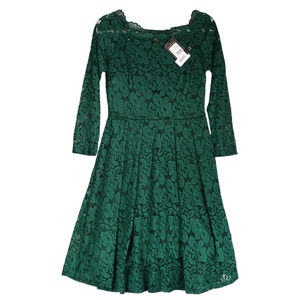 NEW Miss MNY Dress Juniors M Womens Small Green Lace Boat Neck Sheer Sleeve Boho